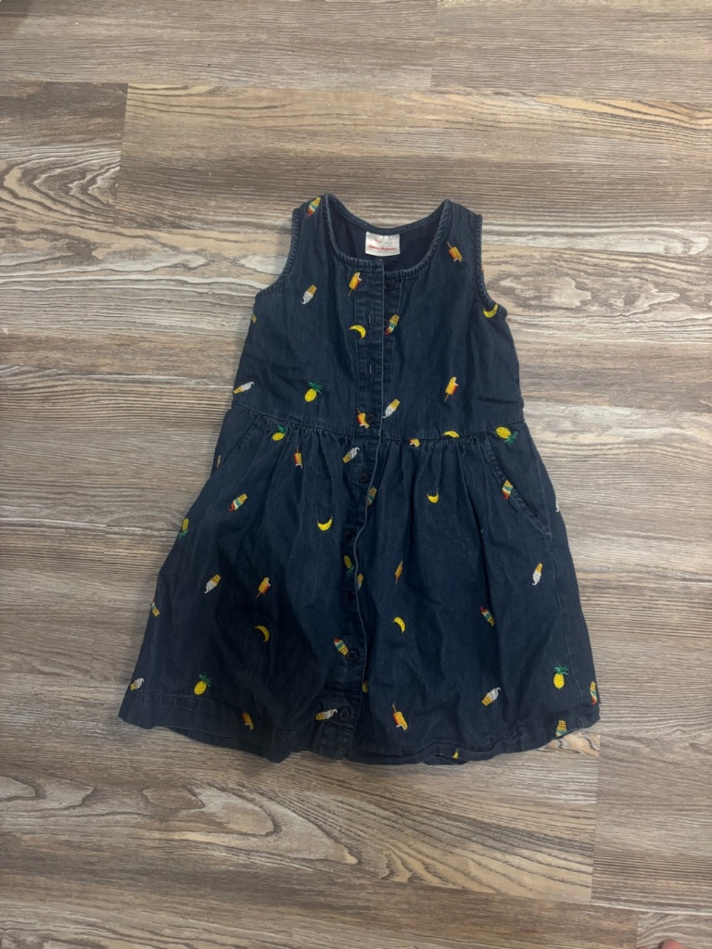 Hanna Andersson denim fruit/ ice cream embroidered dress 6/7 120